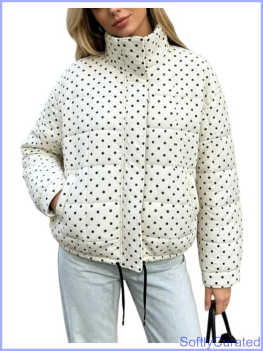 Lightweight Quilted Puffer Jacket Stand Collar Drawstring Cropped